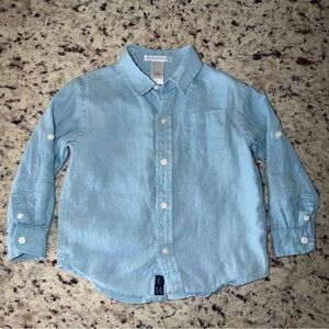 Janie And Jack Boys Size 2T 100% Linen Button Up Blue Roll Up Sleeves Toddler